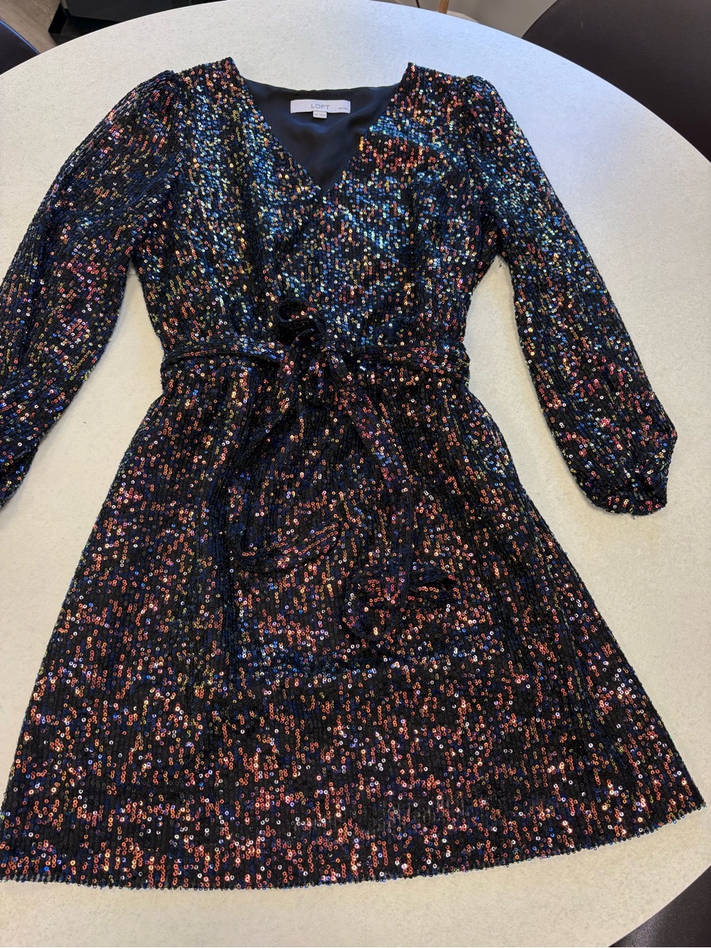 LOFT Black Sequin Tie-Waist Party Dress with Multicolor Sparkle